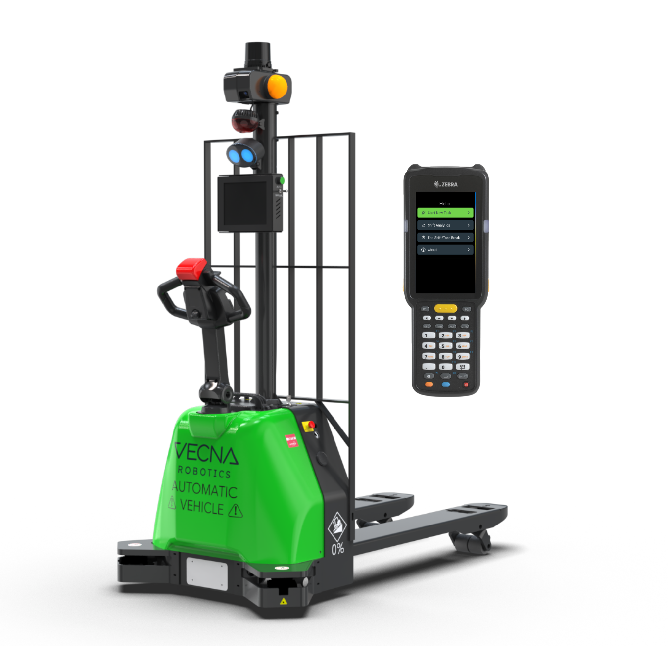 CaseFlow co-bot pallet jack staged with handheld scanner